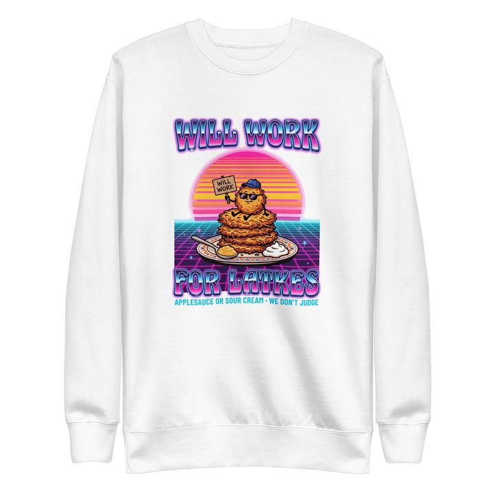 Will Work for Latkes 80s Jewish pride sweatshirt in White - side view