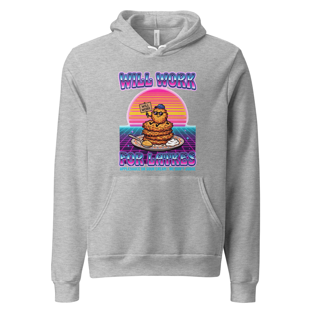 Will Work for Latkes 80s Jewish pride hoodie in Athletic Heather - front view