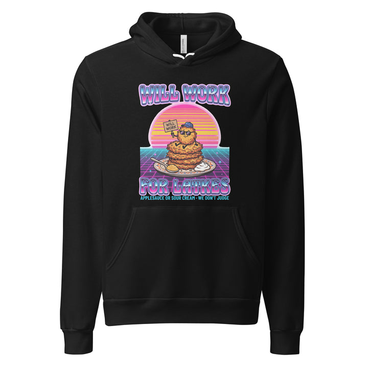 Will Work for Latkes 80s Jewish pride hoodie in Black - front view