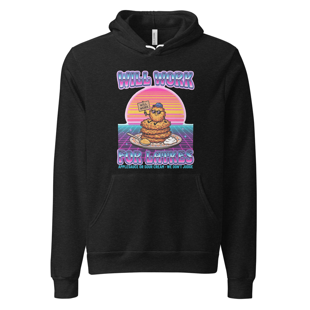 Will Work for Latkes 80s Jewish pride hoodie in Black Heather - back view