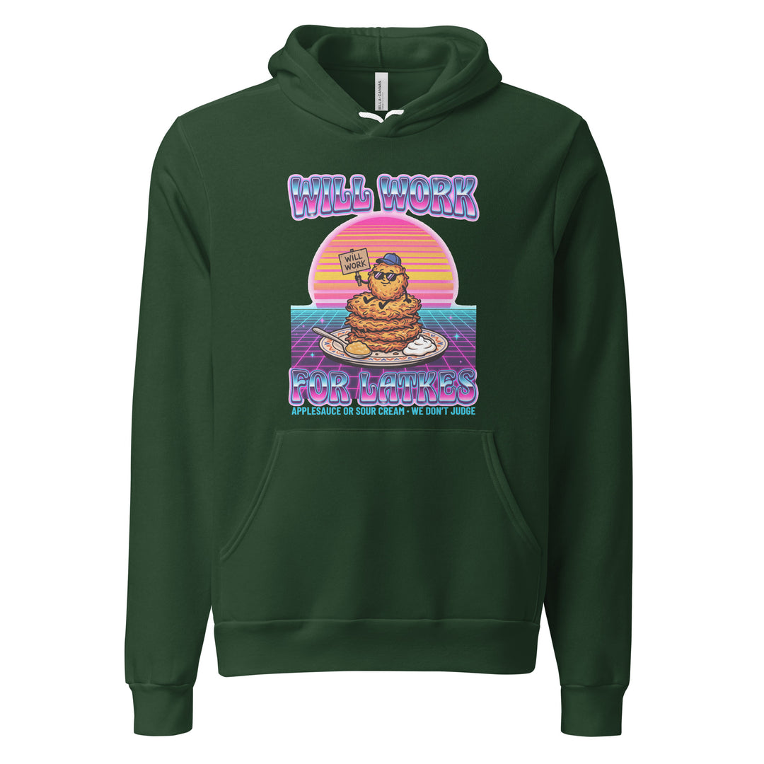 Will Work for Latkes 80s Jewish pride hoodie in Forest - close-up