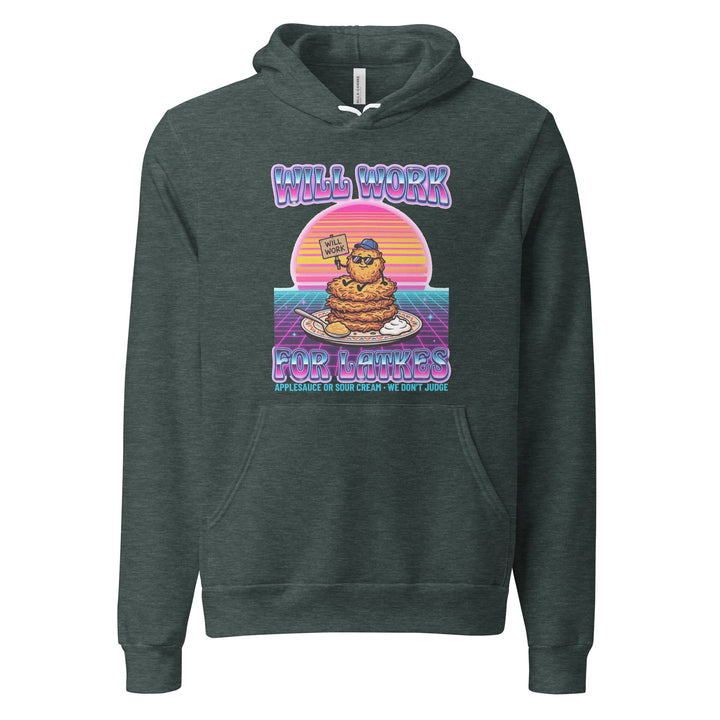 Will Work for Latkes 80s Jewish pride hoodie in Heather Forest - side view