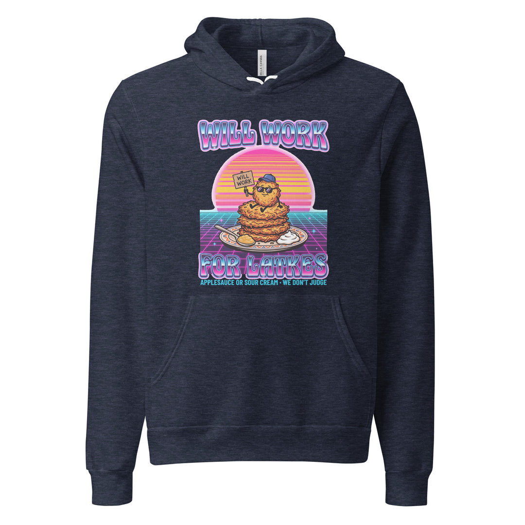 Will Work for Latkes 80s Jewish pride hoodie in Heather Navy - flat lay