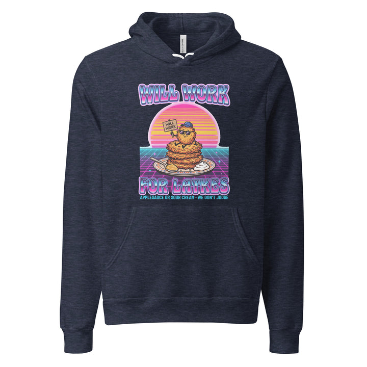 Will Work for Latkes 80s Jewish pride hoodie in Heather Navy - flat lay
