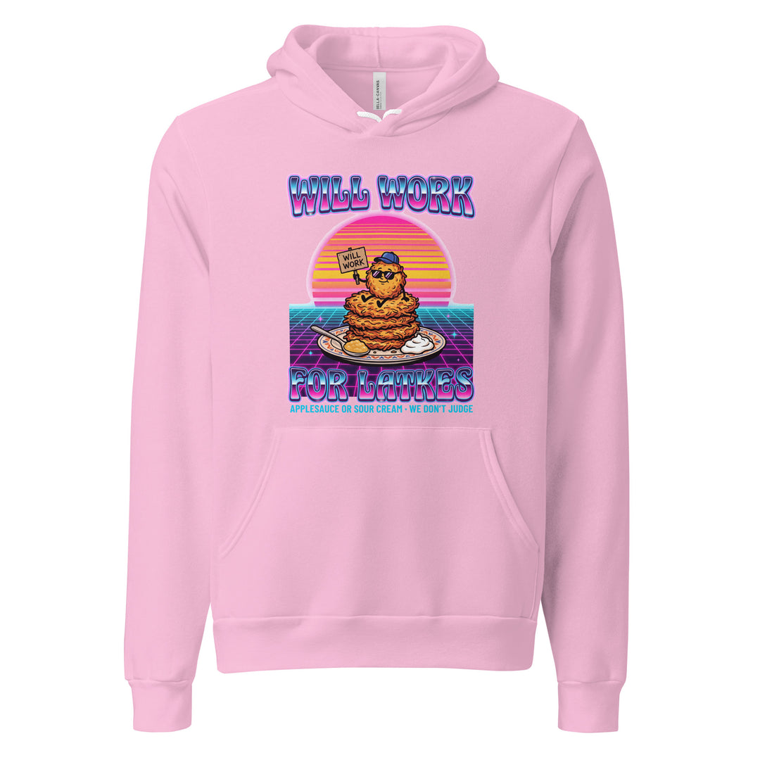 Will Work for Latkes 80s Jewish pride hoodie in Lilac - back view