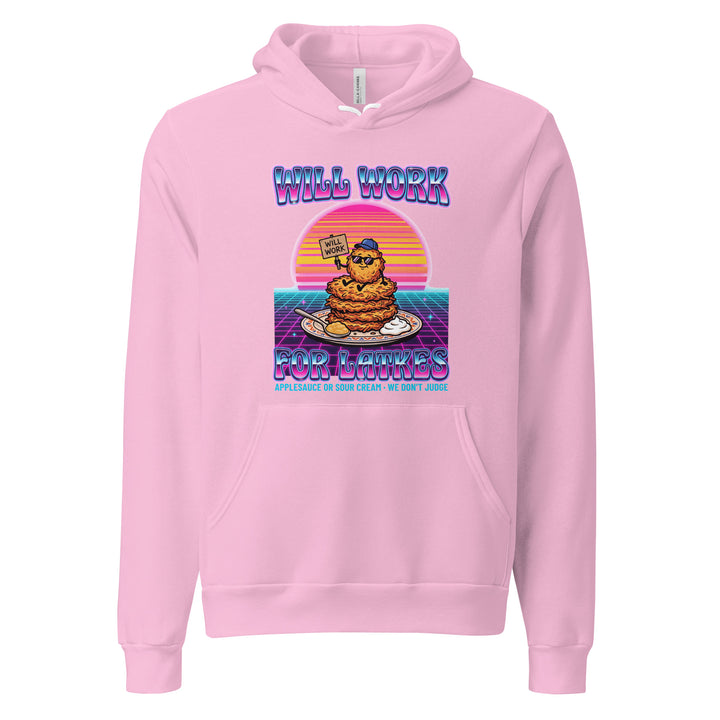 Will Work for Latkes 80s Jewish pride hoodie in Lilac - back view