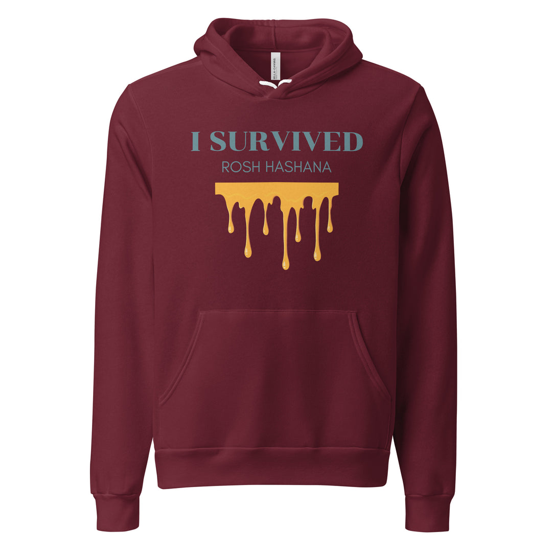 I Survived Rosh HaShana Jewish pride hoodie in Maroon - close-up