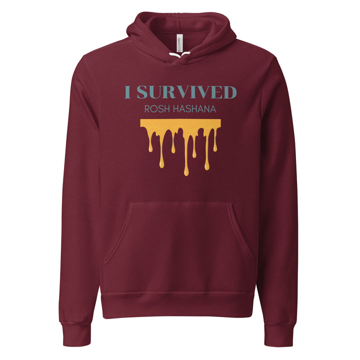 I Survived Rosh HaShana Jewish pride hoodie in Maroon - close-up