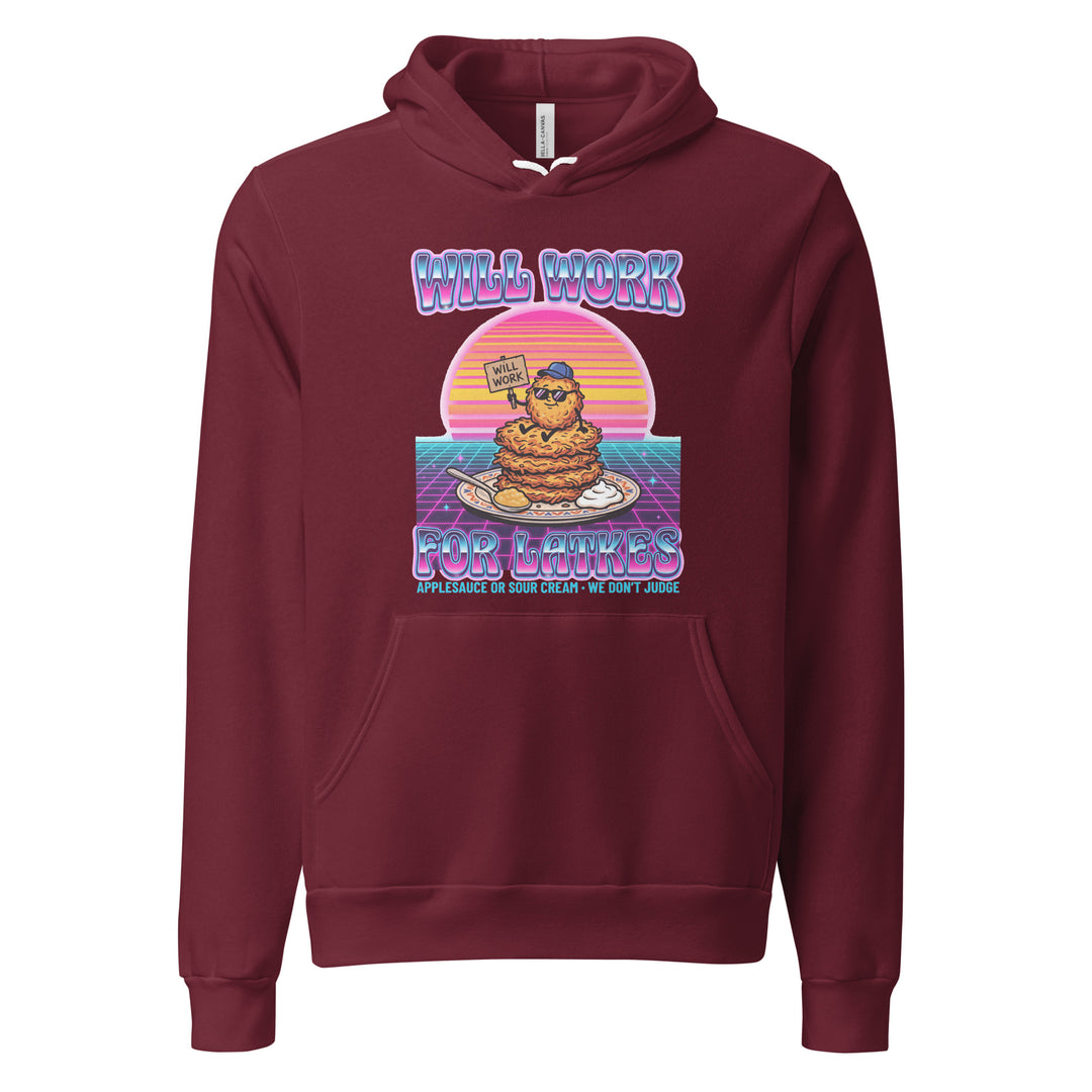 Will Work for Latkes 80s Jewish pride hoodie in Maroon - detail view