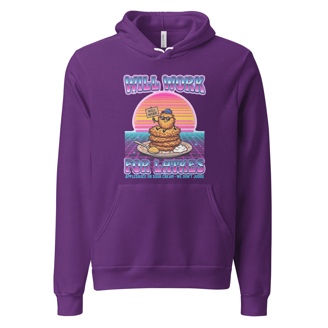 Will Work for Latkes 80s Jewish pride hoodie in Team Purple - lifestyle shot