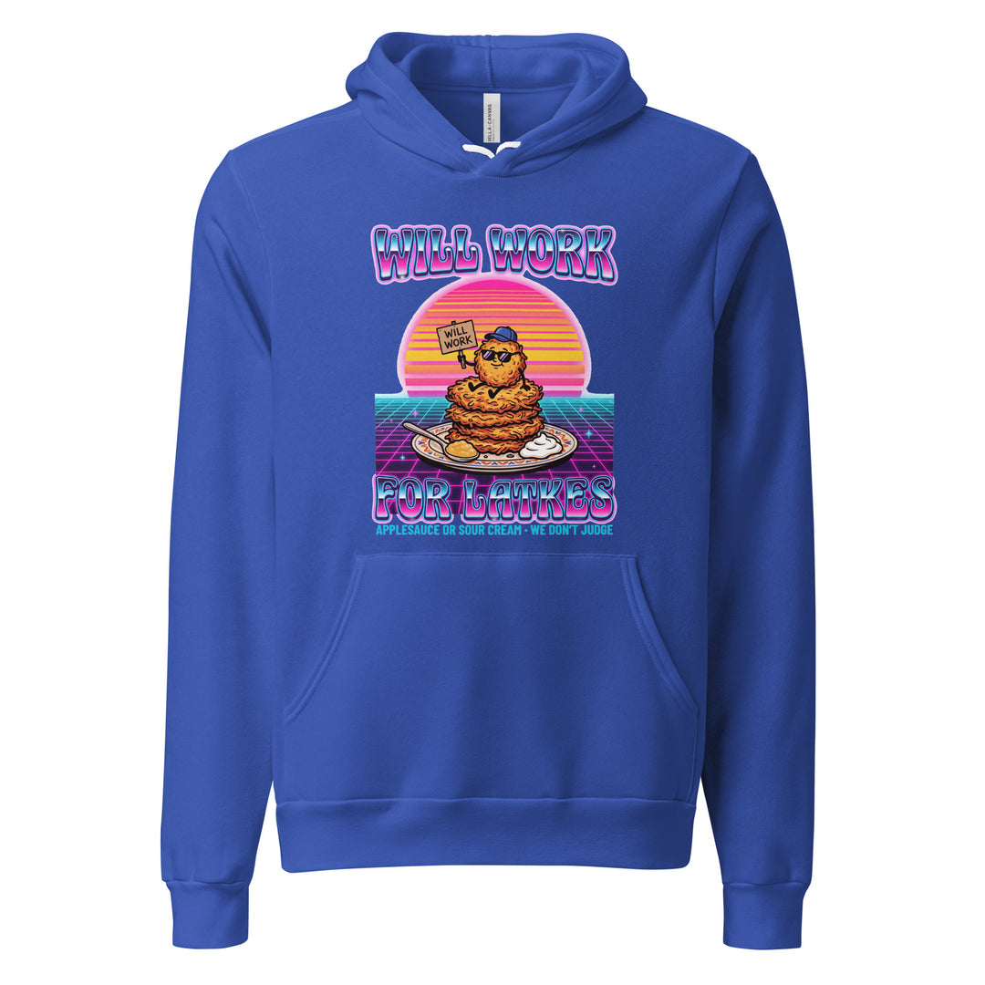 Will Work for Latkes 80s Jewish pride hoodie in True Royal - folded view