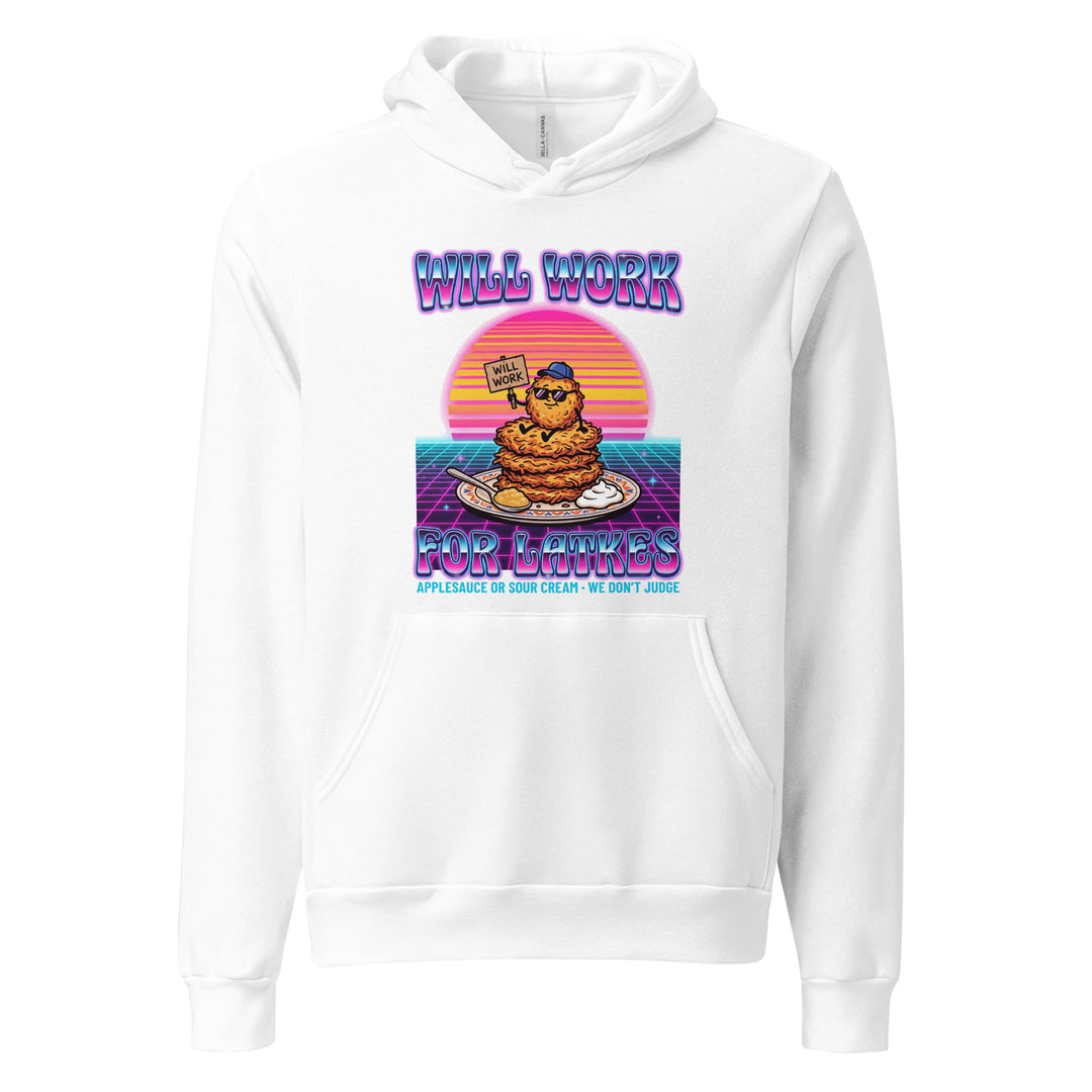 Will Work for Latkes 80s Jewish pride hoodie in White - detail view