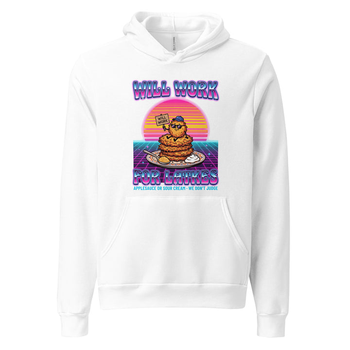 Will Work for Latkes 80s Jewish pride hoodie in White - detail view