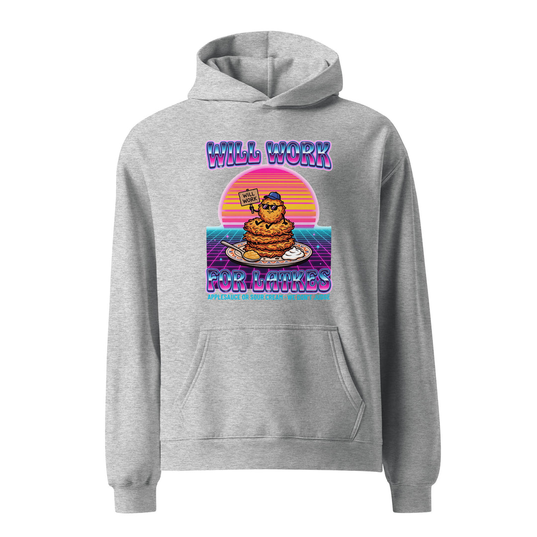 Will Work for Latkes 80s Jewish pride hoodie in Athletic Heather - front view