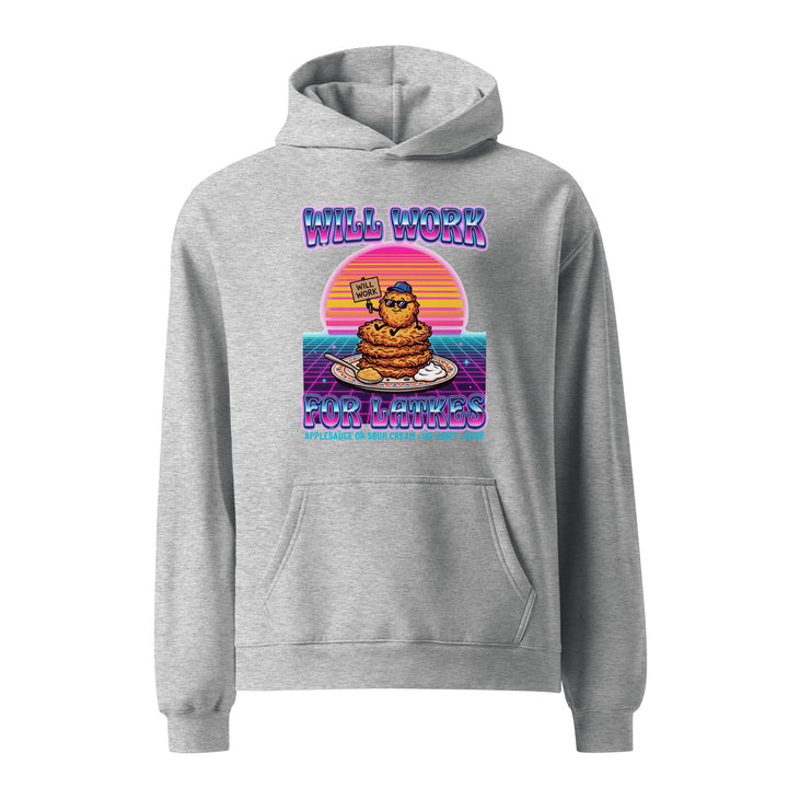 Will Work for Latkes 80s Jewish pride hoodie in Athletic Heather - front view
