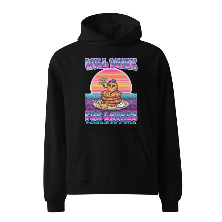 Will Work for Latkes 80s Jewish pride hoodie in Black - front view