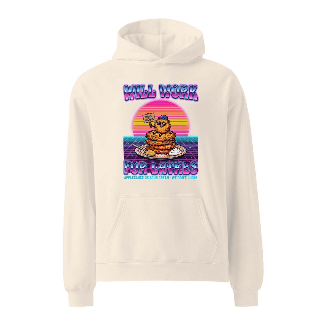 Will Work for Latkes 80s Jewish pride hoodie in Bone - detail view