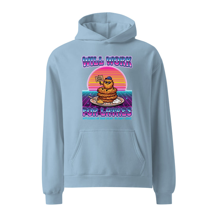 Will Work for Latkes 80s Jewish pride hoodie in Carolina Blue - folded view