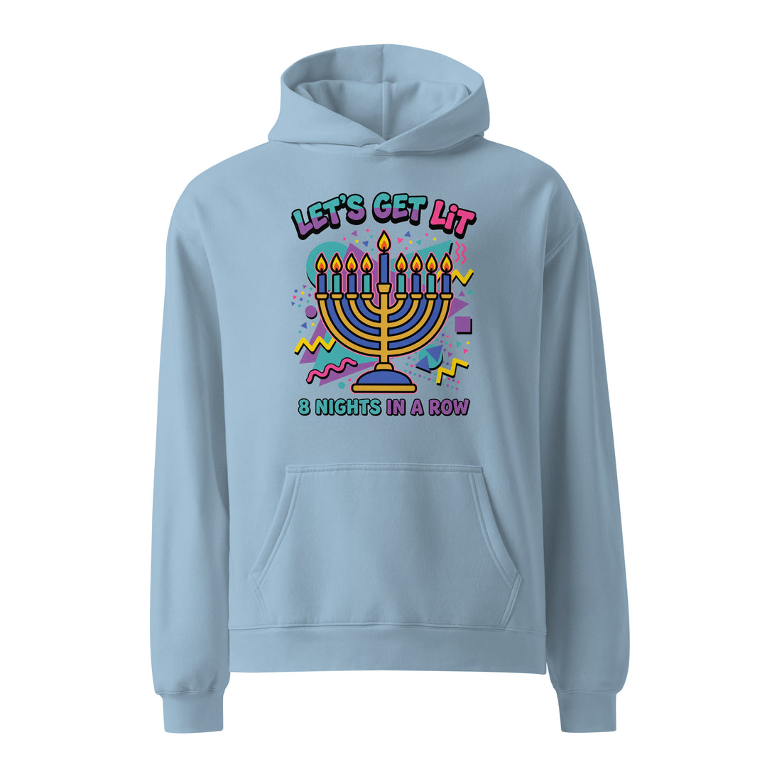 Lets Get Lit 90s Jewish pride hoodie in Carolina Blue - front view