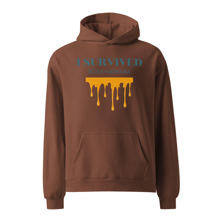 I Survived Rosh HaShana Jewish pride hoodie in Chestnut - close-up