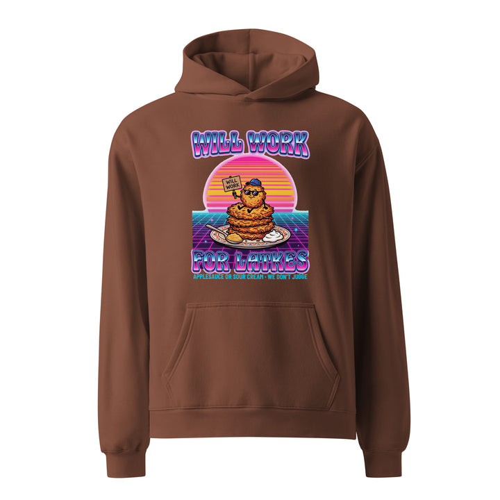 Will Work for Latkes 80s Jewish pride hoodie in Chestnut - close-up