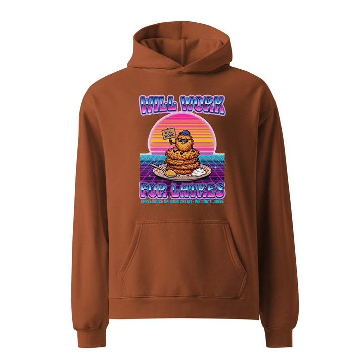 Will Work for Latkes 80s Jewish pride hoodie in Clay - flat lay