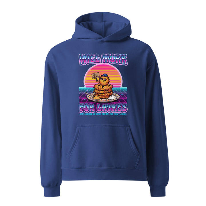 Will Work for Latkes 80s Jewish pride hoodie in Cobalt - detail view