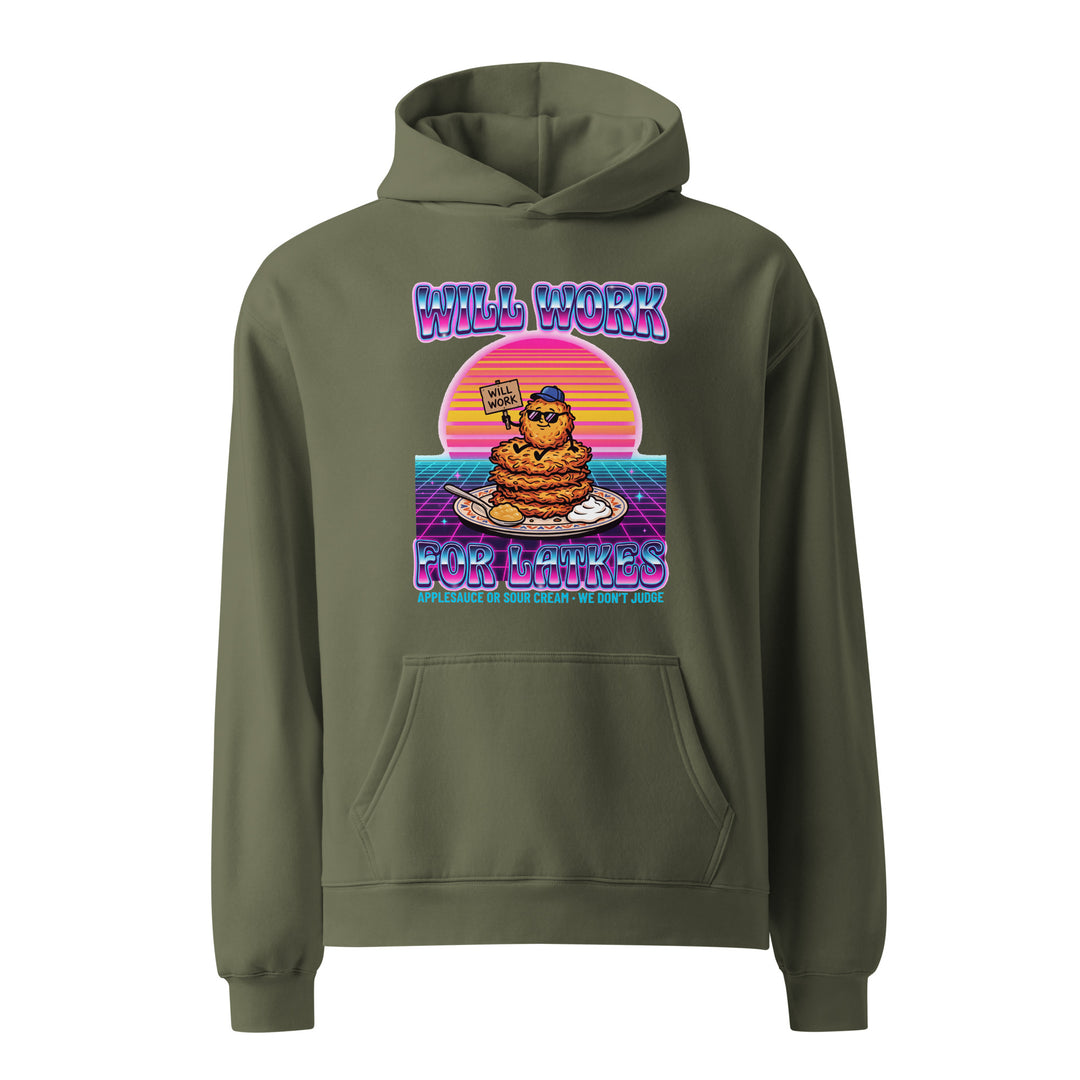 Will Work for Latkes 80s Jewish pride hoodie in Cypress - lifestyle shot