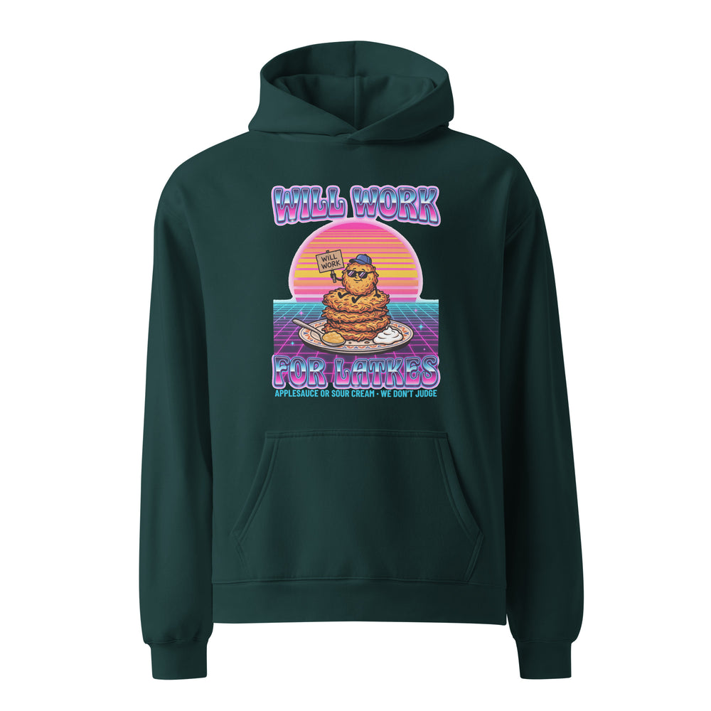Will Work for Latkes 80s Jewish pride hoodie in Pine Green - back view