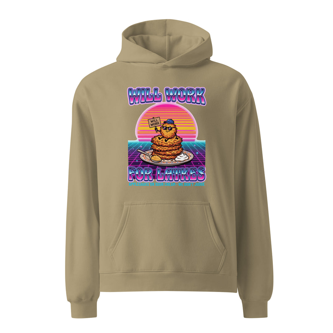Will Work for Latkes 80s Jewish pride hoodie in Sand - side view