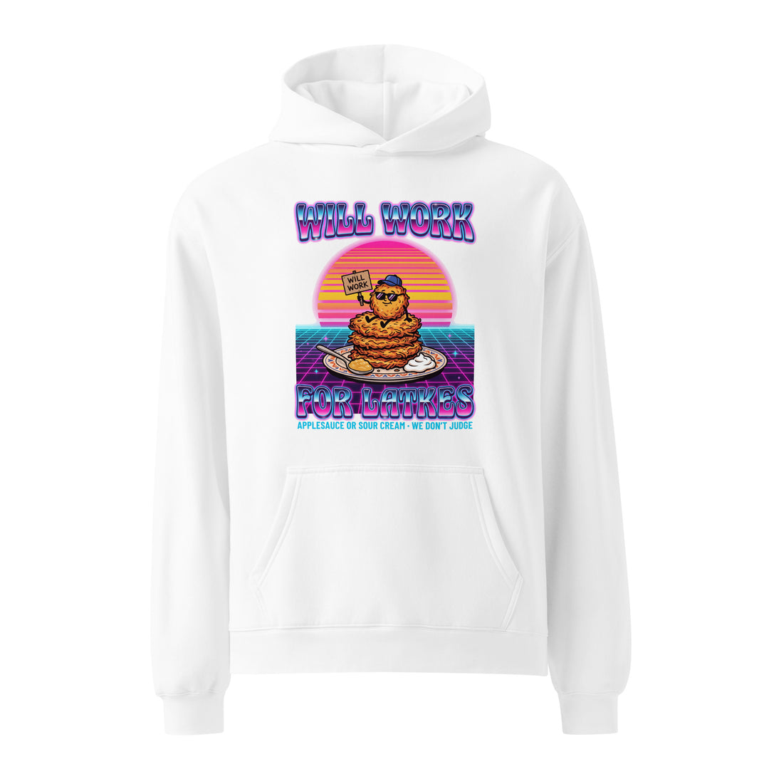 Will Work for Latkes 80s Jewish pride hoodie in White - close-up