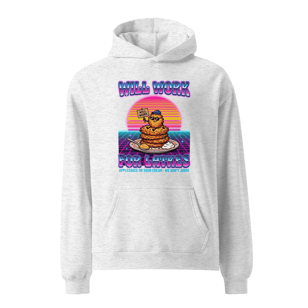 Will Work for Latkes 80s Jewish pride hoodie in White Heather - back view