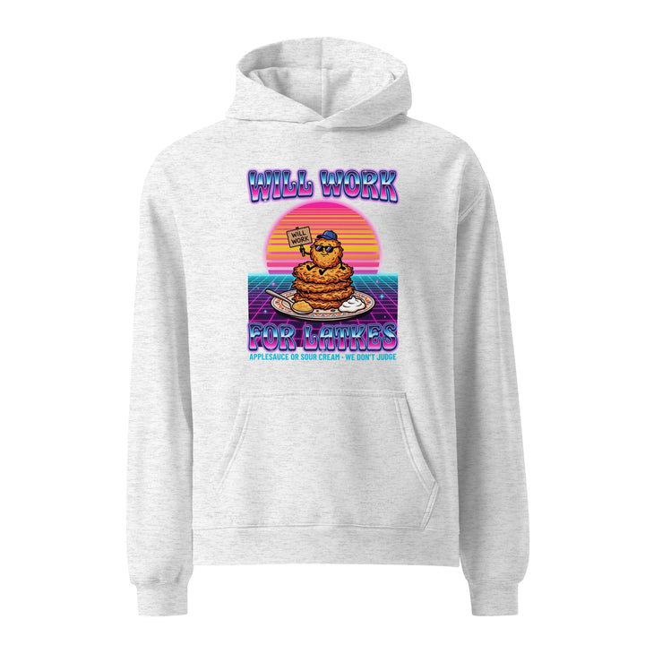 Will Work for Latkes 80s Jewish pride hoodie in White Heather - back view