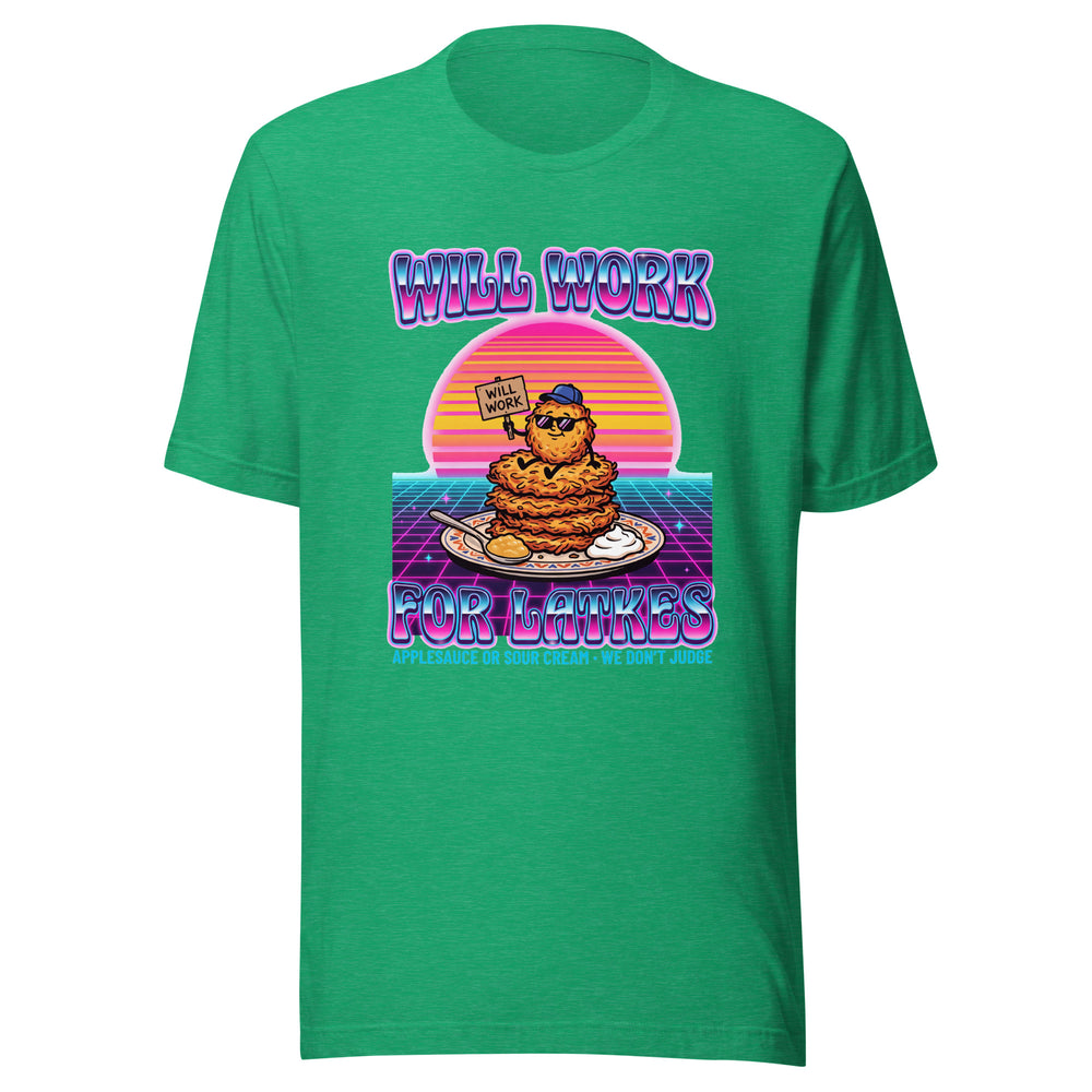 Will Work for Latkes 80s Jewish pride t-shirt in Heather Kelly - back view