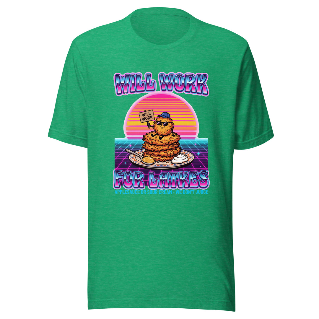 Will Work for Latkes 80s Jewish pride t-shirt in Heather Kelly - back view