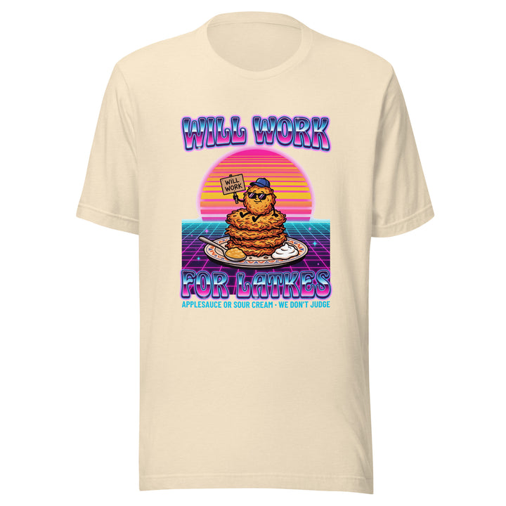 Will Work for Latkes 80s Jewish pride t-shirt in Heather Natural - detail view