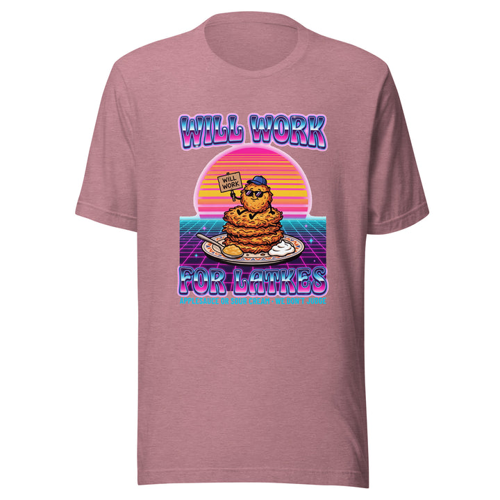 Will Work for Latkes 80s Jewish pride t-shirt in Heather Orchid - detail view
