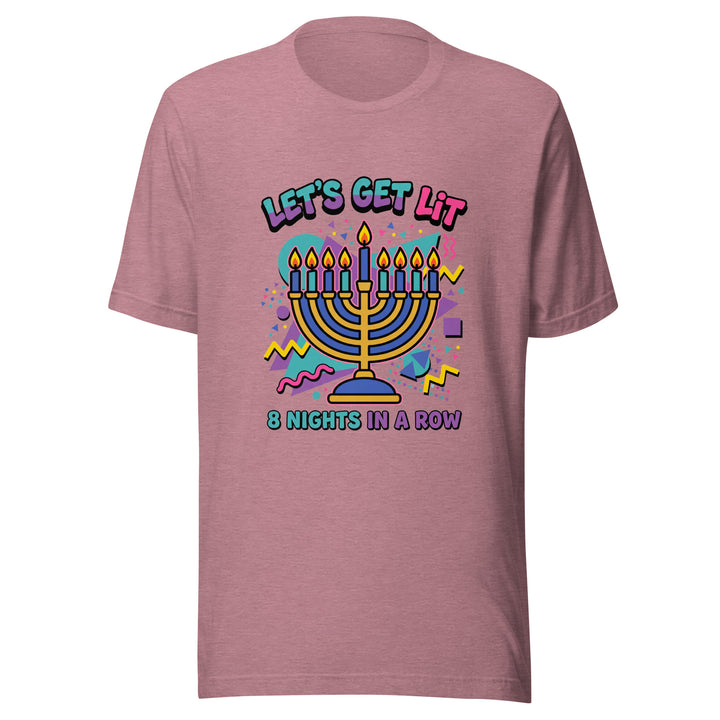 Lets Get Lit 90s Jewish pride t-shirt in Heather Orchid - close-up