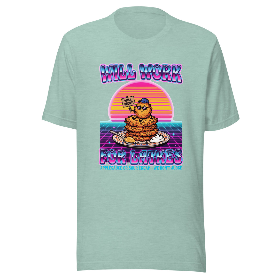 Will Work for Latkes 80s Jewish pride t-shirt in Heather Prism Dusty Blue - close-up