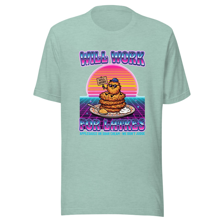 Will Work for Latkes 80s Jewish pride t-shirt in Heather Prism Dusty Blue - close-up