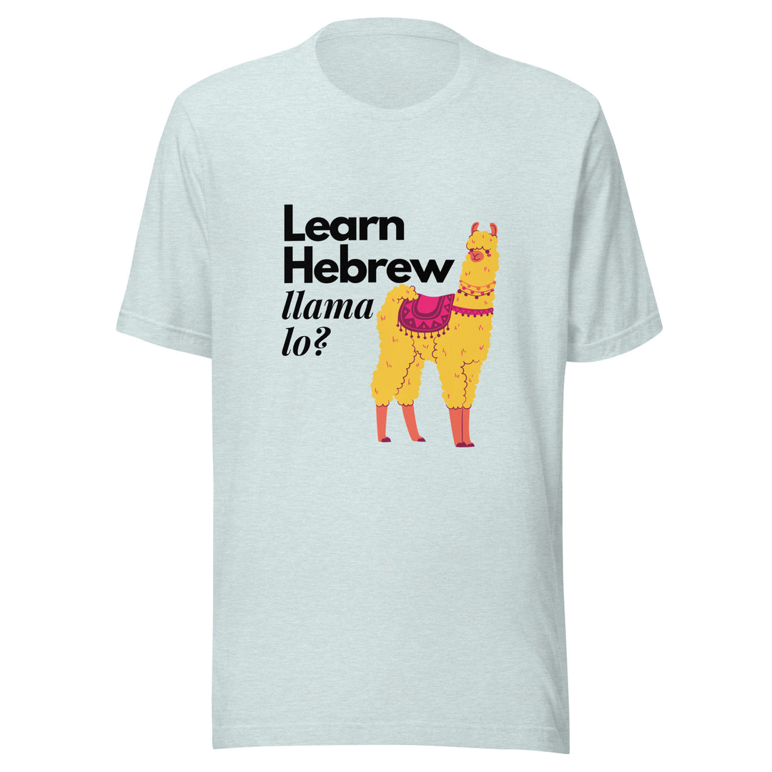 Learn Hebrew Llama Lo? Israel t-shirt in Heather Prism Ice Blue - back view