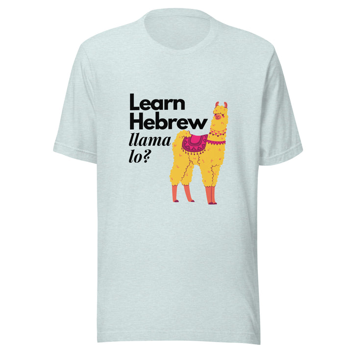 Learn Hebrew Llama Lo? Israel t-shirt in Heather Prism Ice Blue - back view