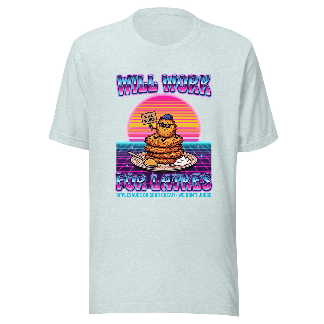 Will Work for Latkes 80s Jewish pride t-shirt in Heather Prism Ice Blue - front view