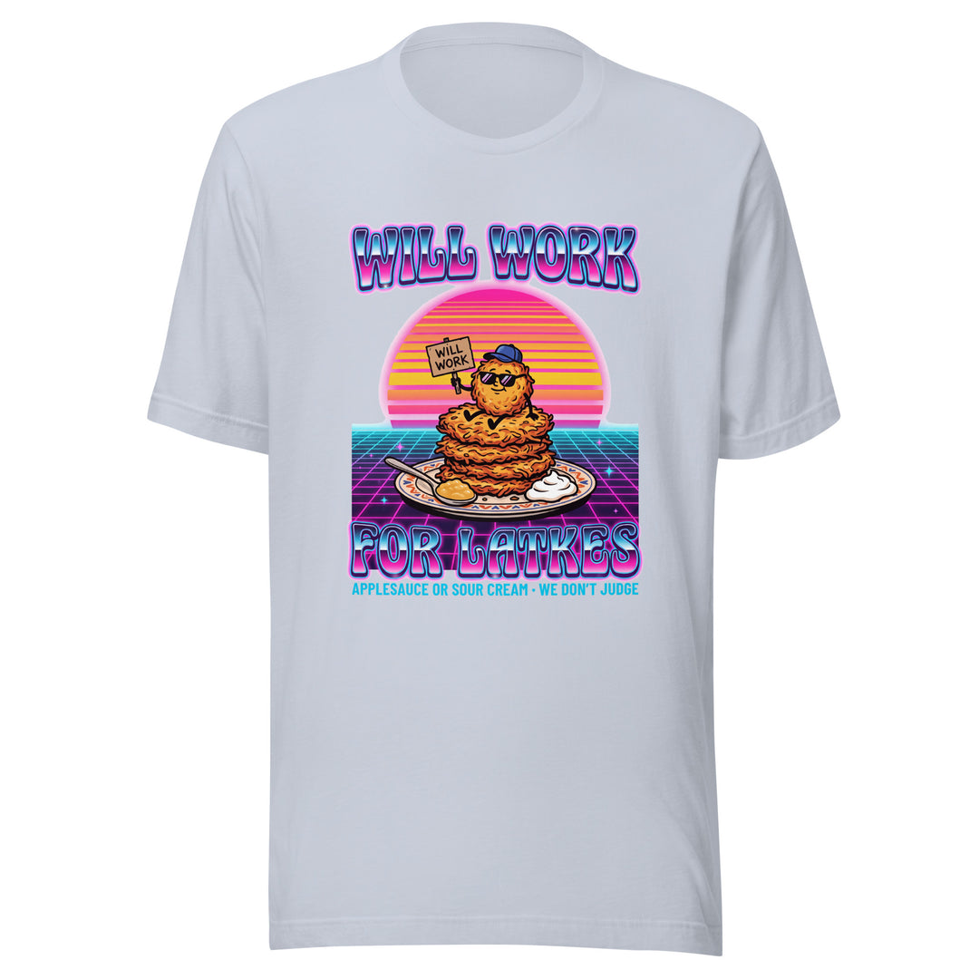 Will Work for Latkes 80s Jewish pride t-shirt in Light Blue - side view