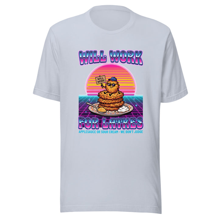 Will Work for Latkes 80s Jewish pride t-shirt in Light Blue - side view
