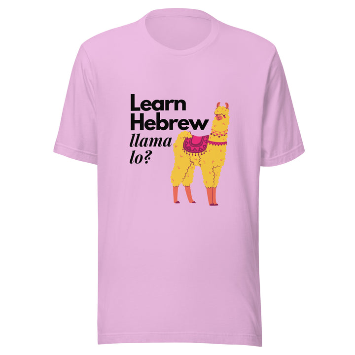 Learn Hebrew Llama Lo? Israel t-shirt in Lilac - lifestyle shot