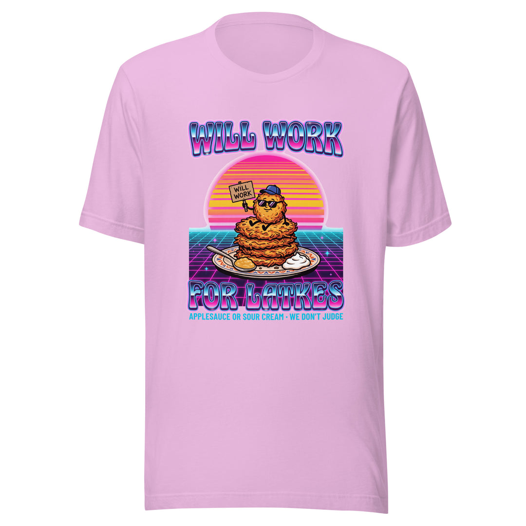 Will Work for Latkes 80s Jewish pride t-shirt in Lilac - flat lay