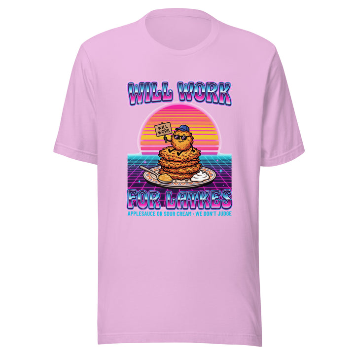 Will Work for Latkes 80s Jewish pride t-shirt in Lilac - flat lay