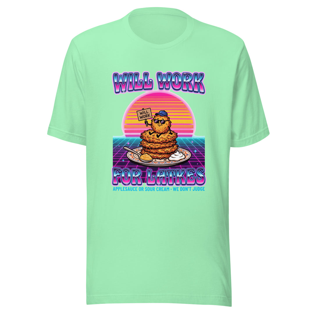 Will Work for Latkes 80s Jewish pride t-shirt in Mint - back view