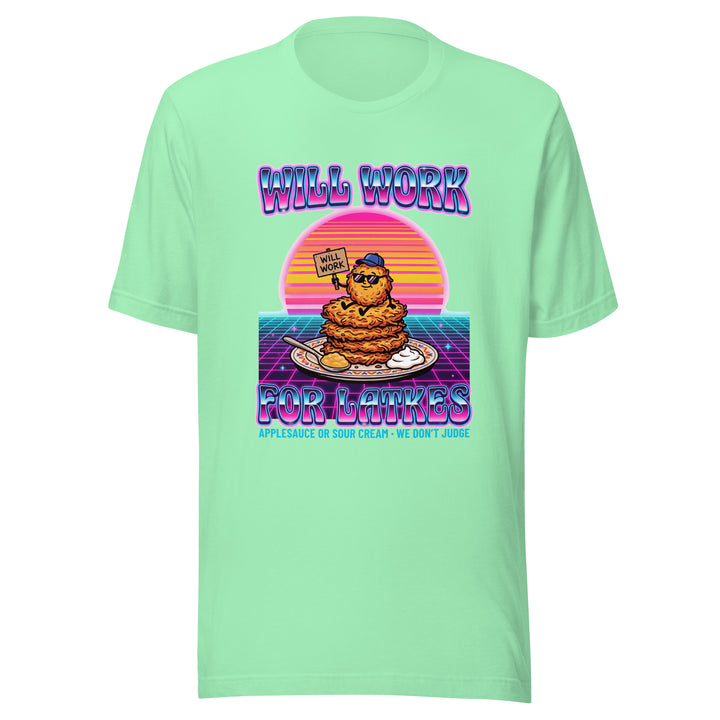 Will Work for Latkes 80s Jewish pride t-shirt in Mint - back view